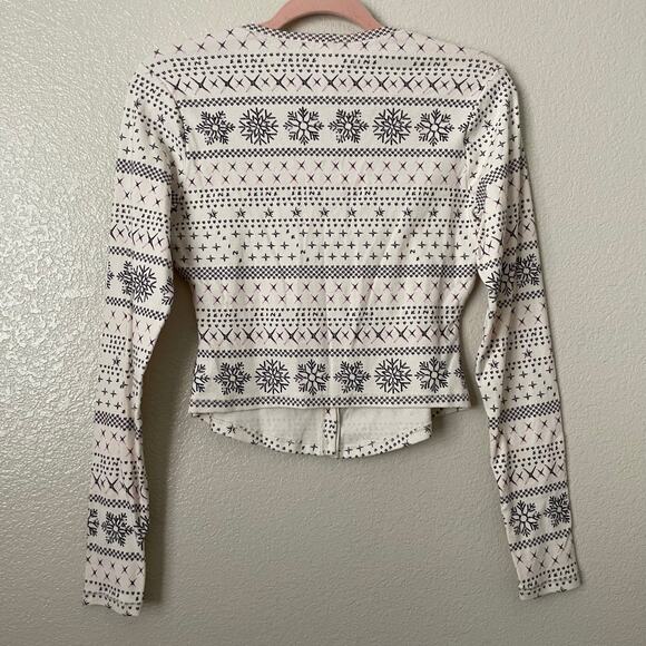 Skims Top Womens Large White Black Fair Isle Cropped Long Sleeve Knit Pajama - Picture 9 of 12